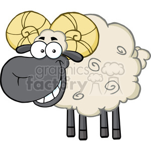 The image depicts a cartoon ram with large, spiral horns, a fluffy white body with swirl patterns, and a comedic, exaggerated facial expression including wide eyes and a broad smile showcasing large teeth. Its overall look is intended to be humorous and endearing.