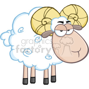 The image depicts a cartoon ram with large, spiral horns, a fluffy white body with light blue swirls, a tan face, and an expression that could be interpreted as grumpy or unamused. The ram has large eyes with black pupils, partially covered by its curled horns. It has black hooves, and its overall posture is upright and frontal.