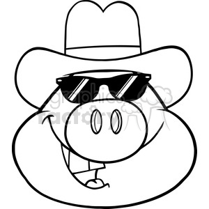 The image is a black and white clipart of a cartoon pig wearing a cowboy hat and sunglasses. The pig appears to have a funny and cool demeanor, sporting a relaxed smile.
