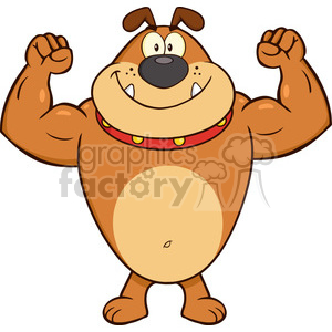   The clipart image displays a cartoon dog that is portrayed with exaggeratedly large muscles, a big, cheerful smile, and a collar around its neck. The dog is anthropomorphized to stand on its hind legs, flexing its 
