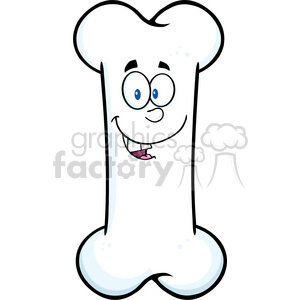 The image is a cartoon depiction of a bone characterized with human features, which include big googly eyes, a rounded nose shape, and a smiling mouth with a visible tongue. The bone is stylized with contours to suggest a three-dimensional appearance while retaining a simple and clean 2D cartoon look. It presents a friendly and whimsical personification of an object normally associated with dogs or as a skeletal part.