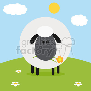 The image is a cartoon-style clipart of a sheep standing in a green field under a blue sky with a few clouds and a yellow sun. The sheep has a round fluffy white body, a dark face with eyes and ears, and is holding a yellow flower in its mouth. The sheep also has black legs. There are a few white daisies scattered in the grass around the sheep.