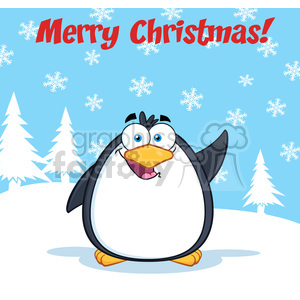 The clipart image features a cartoon-style penguin standing on a snowy landscape. The penguin has a comical expression, with its tongue sticking out and big, wide blue eyes. In the background, there are white snowflakes falling from the sky, and fir trees are partially visible. At the top of the image, there is a festive red text that says Merry Christmas!