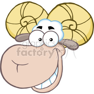 The clipart image depicts a cartoon ram. The ram has a large, exaggerated head with a comically oversized snout, prominent teeth, big googly eyes, and large, curled horns that are a characteristic feature of rams. The cartoon ram appears to be smiling or grinning, giving it a funny and friendly look.