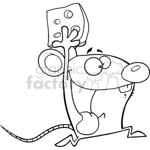 This clipart image features a whimsical black and white drawing of a funny mouse standing on its hind legs, proudly holding up a large piece of cheese. The mouse appears joyful and playful, and the image conveys a sense of fun and humor.