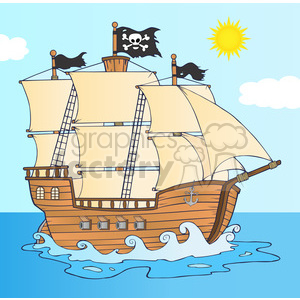   7204 Royalty Free RF Clipart Illustration Pirate Ship Sailing Under Jolly Roger Flag 