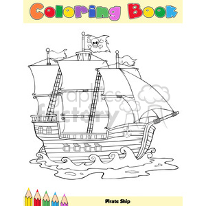   Royalty Free RF Clipart Illustration Pirate Ship Coloring Book Page 