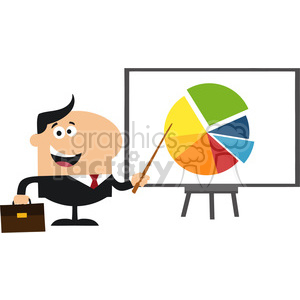 A cartoon businessman is holding a briefcase and pointing at a colorful pie chart on a presentation board.