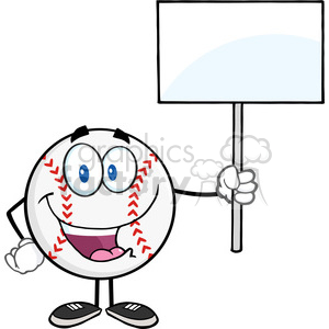 A happy cartoon baseball character holding a blank sign.