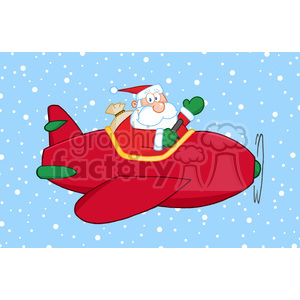   8202 Royalty Free RF Clipart Illustration Santa Claus Flying His Christmas Plane In The Snow And Waving 