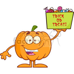   Royalty Free RF Clipart Illustration Smiling Halloween Pumpkin Mascot Character Holds A Box With Candys And Text 