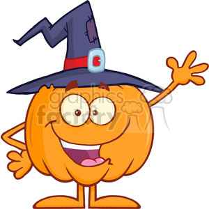 8889 Royalty Free RF Clipart Illustration Happy Witch Pumpkin Cartoon Character Waving Vector Illustration Isolated On White