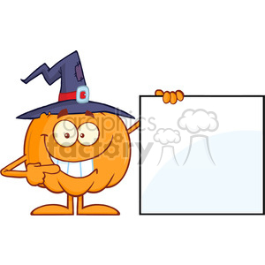 Royalty Free RF Clipart Illustration Smiling Halloween Pumpkin With A Witch Hat Mascot Character Showing A Blank Sign