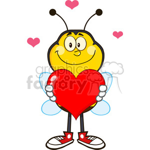8380 Royalty Free RF Clipart Illustration Smiling Bee Cartoon Mascot Character Holding Up A Red Heart Vector Illustration Isolated On White