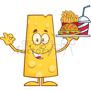 8510 Royalty Free RF Clipart Illustration Cheese Cartoon Character Holding A Platter With Burger, French Fries And A Soda Vector Illustration Isolated On White