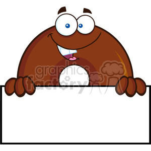   8709 Royalty Free RF Clipart Illustration Chocolate Donut Cartoon Character Over A Sign Vector Illustration Isolated On White 