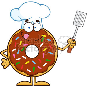 8690 Royalty Free RF Clipart Illustration Chocolate Chef Donut Cartoon Character With Sprinkles Holding A Slotted Spatula Vector Illustration Isolated On White