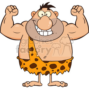   8421 Royalty Free RF Clipart Illustration Smiling Caveman Cartoon Character Flexing Vector Illustration Isolated On White 