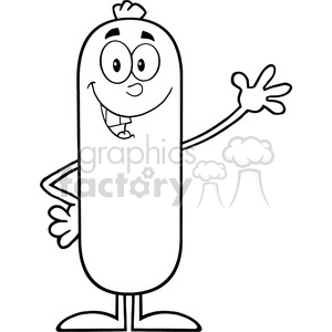 8426 Royalty Free RF Clipart Illustration Black And White Sausage Cartoon Character Waving Vector Illustration Isolated On White