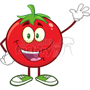 8386 Royalty Free RF Clipart Illustration Happy Tomato Cartoon Mascot Character Waving Vector Illustration Isolated On White