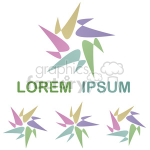 Colorful abstract shapes forming a starburst pattern, accompanied by the text 'Lorem Ipsum' in a stylized font. The image includes variations of the starburst pattern in different orientations.