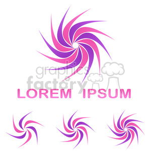 A vibrant clipart image featuring a pink and purple spiral design with 'Lorem Ipsum' text below and three smaller spirals in the bottom left.