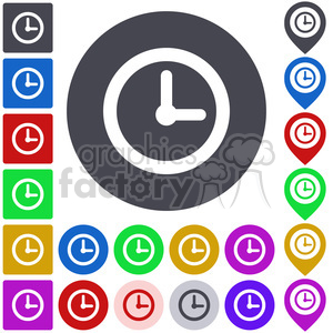 A collection of colorful clock icons in various styles, including round, square, and pointer formats. These icons are designed for use in apps, websites, and graphic design, featuring a simple and modern look.