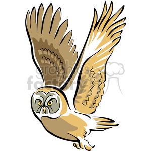 The clipart image depicts an owl in mid-flight. The owl is illustrated with its wings spread wide, featuring detailed feathers in shades of brown and beige. The body of the owl is compact with a round head, and it has intense, forward-facing yellow eyes and a beak that appears slightly open.
