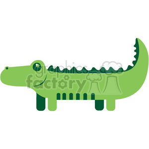 The image features a simple, stylized illustration of a green alligator (or crocodile). It has a smooth contour with notable features like a row of teeth, a pointy tail, and characteristic ridges along its back. The alligator is standing in a profile view with its belly touching the ground, depicting it as if it's resting.
