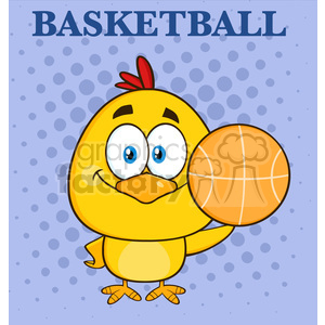   royalty free rf clipart illustration cute yellow chick cartoon character holding a basketball vector illustration with background and text 