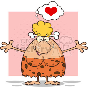 A cartoon illustration of a cheerful cavewoman with a heart symbol thought bubble, wearing an animal print outfit and a bone in her hair.