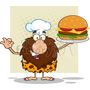 9910 chef male caveman cartoon mascot character holding a big burger and gesturing ok vector illustration