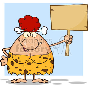 Cartoon cavewoman with red hair holding a blank wooden sign.