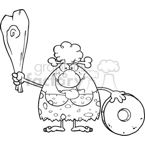 A cartoon depiction of a humorous female caveman character holding a club and standing next to a large stone wheel.