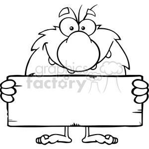 A humorous cartoon illustration of a caveman holding a blank wooden sign.