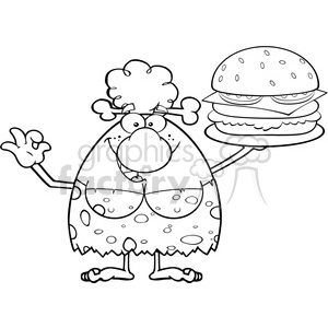 A black and white comic-style illustration of a cartoon cavewoman with a bone in her hair, holding a large hamburger.