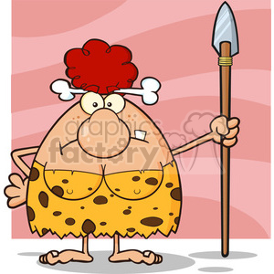 10068 angry red hair cave woman cartoon mascot character standing with a spear vector illustration