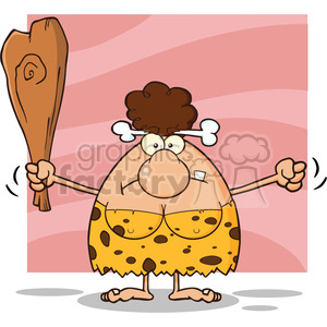 A cartoon-style illustration of a cavewoman with a club, wearing a bone in her hair and a leopard-patterned outfit.