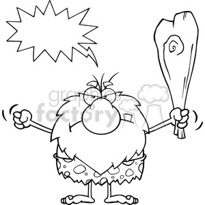black and white grumpy male caveman cartoon mascot character holding up a fist and a club vector illustration with angry speech bubble