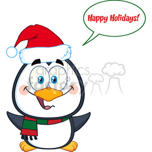 A cartoon penguin wearing a Santa hat and scarf, saying 'Happy Holidays!'