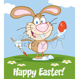 royalty free rf clipart illustration happy brown rabbit painting easter egg vector illustration greeting card