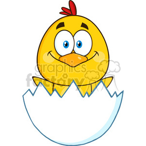 royalty free rf clipart illustration happy yellow chick cartoon character hatching from an egg vector illustration isolated on white