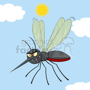 A cartoon image of an angry mosquito with green wings and a red-lined abdomen, flying in a blue sky with white clouds and a bright yellow sun.