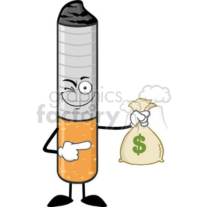 royalty free rf clipart illustration cigarette cartoon mascot character winking, holding and pointing to a money bag vector illustration isolated on white background