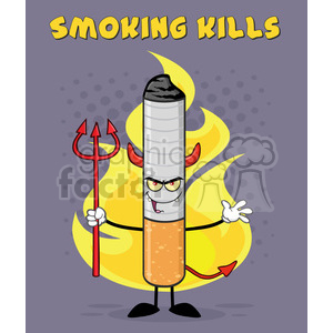 devil cigarette cartoon mascot character welcoming and holding a trident over flames and purple halftone with welcome to smoking kills text vector illustration with background