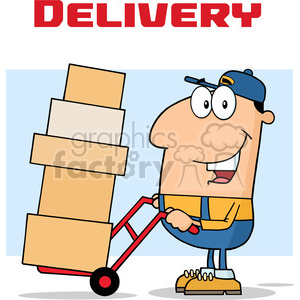 A cartoon delivery man with a cap is pushing a hand truck loaded with boxes. The word 'Delivery' is displayed prominently above.