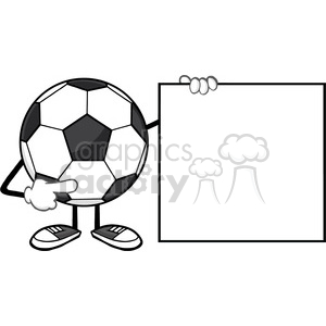 soccer ball faceless cartoon mascot character pointing to a blank sign vector illustration isolated on white background