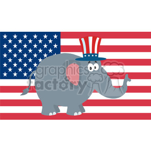 This clipart image features a cartoon elephant wearing a patriotic hat, standing in front of the American flag.