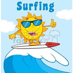 surfer sun cartoon mascot character with sunglasses riding a wave and showing thumb up vector illustration with background and text surfing