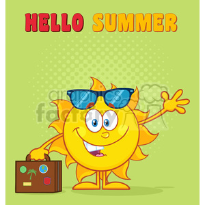 10160 smiling summer sun cartoon mascot character with sunglasses carrying luggage and waving vector illustration isolated on white background